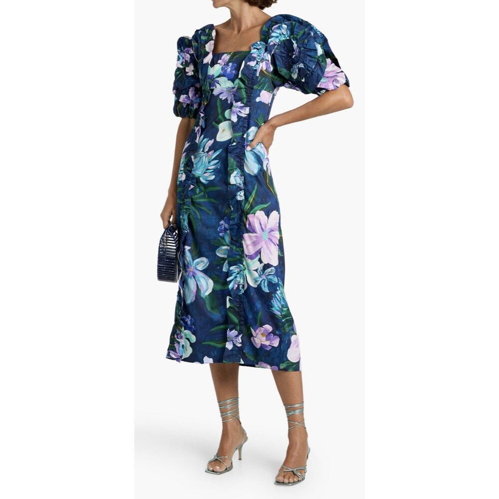 FARM RIO Blue Floraline Ruffle Floral Print Midi Dress Puff Sleeve Size M